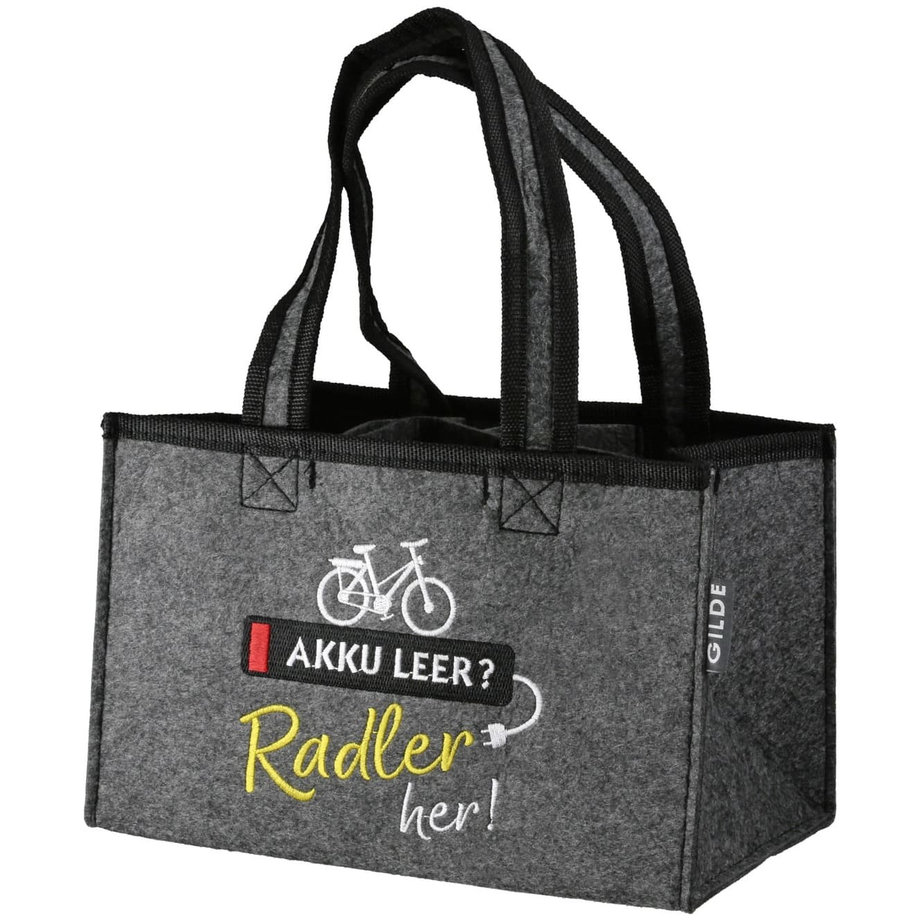 Flaschentasche Akku leer, Radler her - Gilde Flaschentasche Filztasche 60970 / Flaschenträger 6 Flaschen - Tragetasche