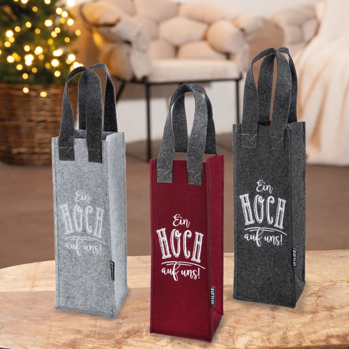 Flaschentasche - Ein Hoch auf uns hellgrau 49263 - Gilde Geschenktasche / Geschenktüte