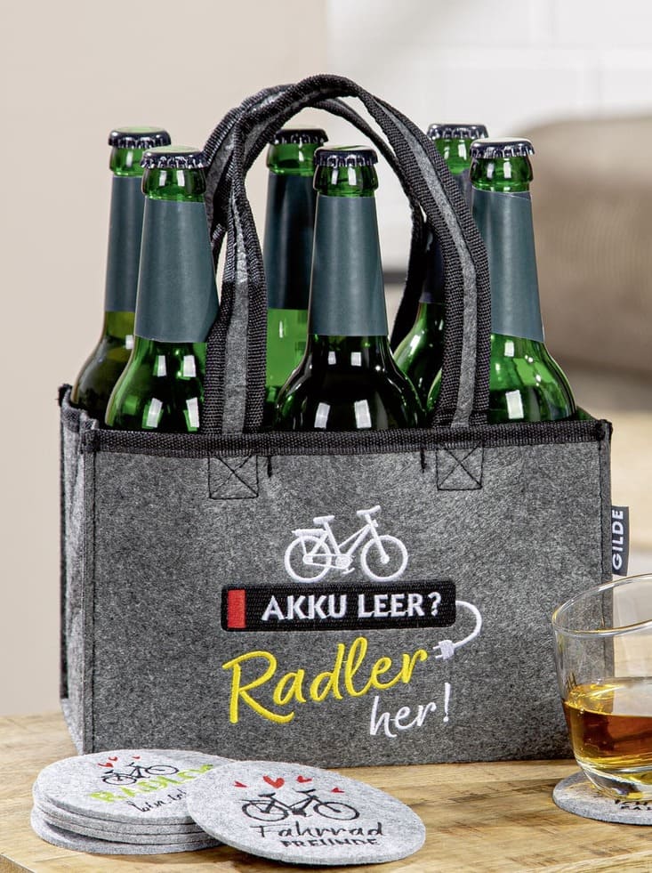 Flaschentasche Akku leer, Radler her - Gilde Flaschentasche Filztasche 60970 / Flaschenträger 6 Flaschen - Tragetasche