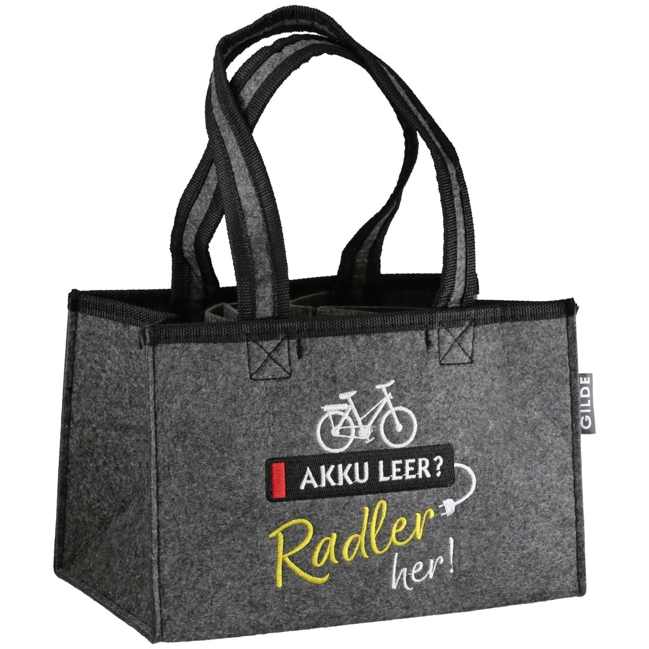 Flaschentasche Akku leer, Radler her - Gilde Flaschentasche Filztasche 60970 / Flaschenträger 6 Flaschen - Tragetasche